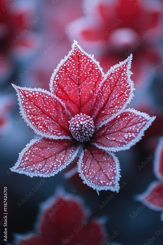 Poster a close-up shot of a red flower covered in frost, ideal for winter-themed designs and compositions