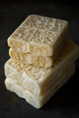 A stack of soap bars piled high, possibly used for decorative or creative purposes