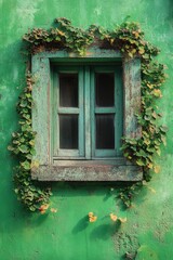 Ivy-covered, weathered green window in aged wall.