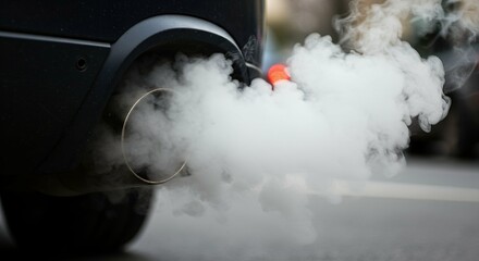 Closeup car exhaust pipe with visible CO2 smoke billowing out. Carbon emissions and global warming. Environmental problem with diesel and fossil fuels burning. Dioxide impact from urban traffic jams.