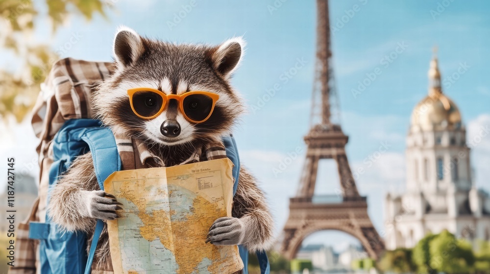 Aufkleber raccoon explorer with a backpack studying a map in front of famous world landmarks during a sunny da