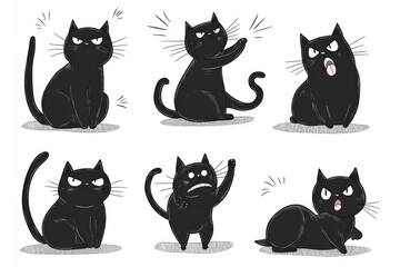 A group of black cats with various facial expressions, great for use in animal-themed illustrations or as a metaphorical representation of human emotions