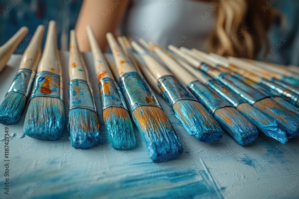 Poster close-up of paint brushes on a table with various colors and shapes, ideal for illustrations, design