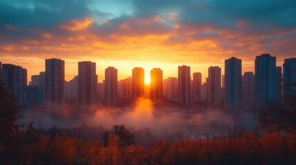 Fototapeta premium city around field and sunrise