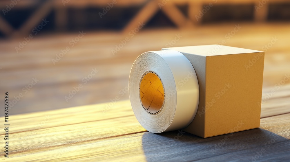 Poster a simple roll of tape sits on top of a wooden table, ready for use