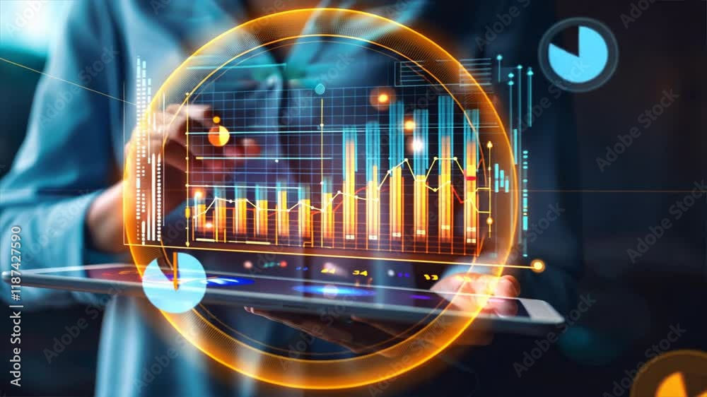 Poster digital data visualization on tablet analyzing statistics with colorful graphs and charts for busine