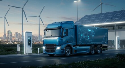 Electric truck charging at a station in a city with wind turbines and solar panels, symbolizing renewable energy and sustainability.