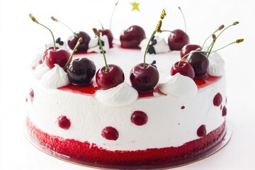 A sweet treat featuring a white and red layered cake topped with cherries