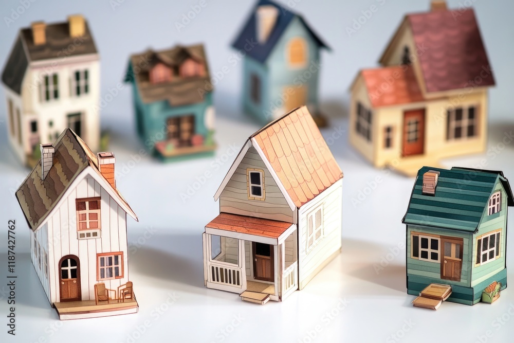 Poster a collection of tiny houses placed on a table, ideal for decorative or creative uses