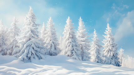Naklejka premium The idyllic landscape of the white christmas trees in the forest covered with snow, snowdrifts and snowfall against the blue sky on a sunny day in nature, shades of blue. Stardrift. Illustration