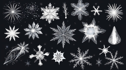 Vector snowfall: festive snowflakes in various shapes and forms - winter background with falling snow for christmas. Stardrift. Illustration