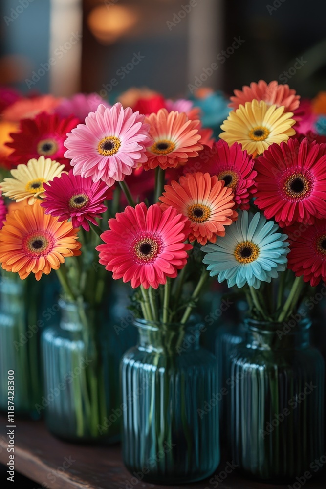Poster a collection of vases filled with vibrant blooms, suitable for use in home decor or editorial contex