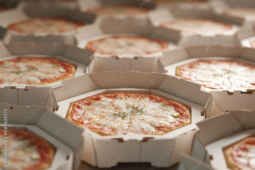 Poster freshly baked pizzas in various flavors and sizes packaged in cardboard boxes on a table