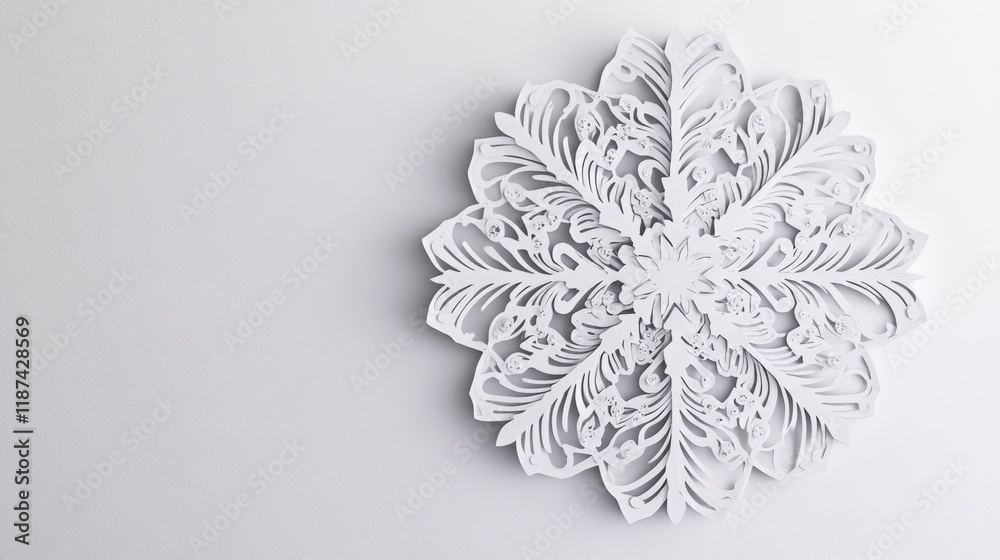 Poster a delicate paper cut snowflake on a white background