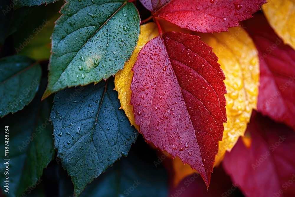Poster A close-up shot of leaves covered in water droplets, perfect for use as a background or to add moisture to your design