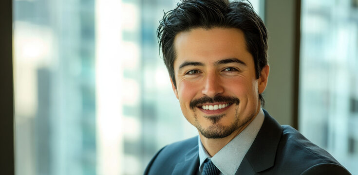 A well-dressed man with dark hair and a mustache smiles warmly while sitting in a bright office with large windows overlooking a city skyline. Sunlight fills the room.