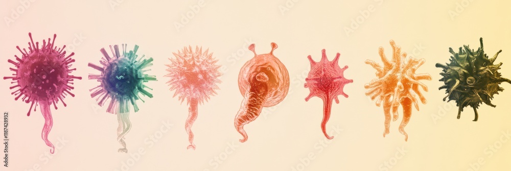 Poster progression of virus forms showcasing basic to complex structures through vibrant colors and varied 