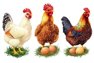 Fototapeta premium Group of chickens standing next to eggs in a farm or backyard setting