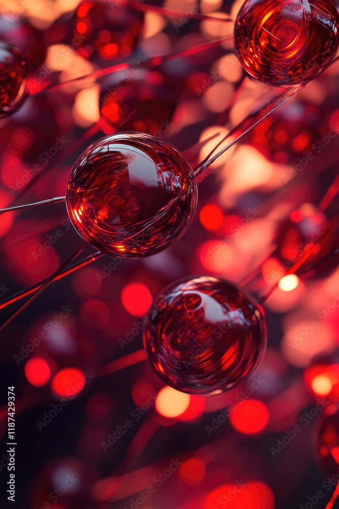 Poster a string with multiple red glass balls suspended in mid-air, perfect for decorative purposes or as a