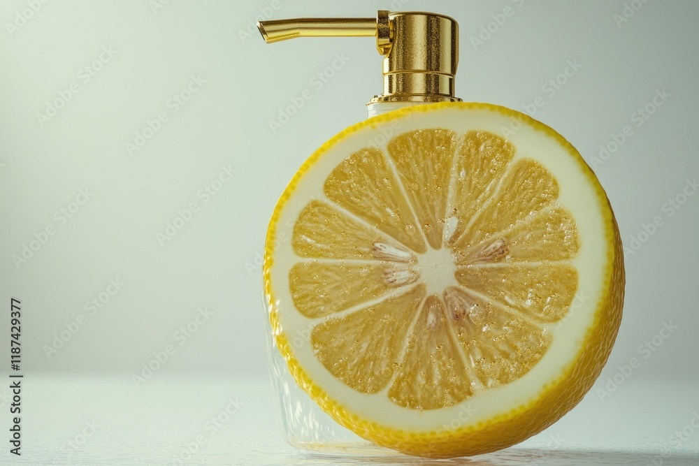 Poster a close-up view of a lemon slice with a liquid dispenser, great for food and drink related content