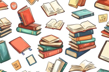 A collection of books piled high