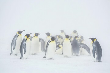 Obraz premium A group of emperor penguins huddling together for warmth on the Antarctic ice during a blizzard.