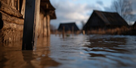 A thought-provoking image depicting a flooded area near rustic structures, highlighting the impact of nature on human environments and evoking emotions of vulnerability.