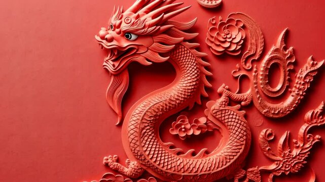 Intricate red dragon carving creates an eye-catching centerpiece in traditional art display