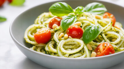 macaroni pasta seasoned with fresh pesto sauce and bright cherry tomatoes creates an appetizing dish beautifully arranged in an elegant gray bowl on a marble table. place for text