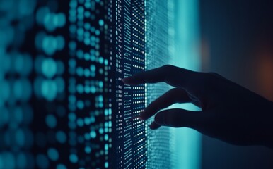 A blend of stock market ideas and big data, illustrated by an abstract human hand engaging with AI and machine learning on a circuit board, set against a digital landscape of binary data,