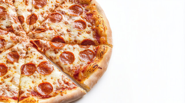 close up american style pizza , topping paperoni , top view, place for text. background, banner, flyer for pizzeria on white background, isolated