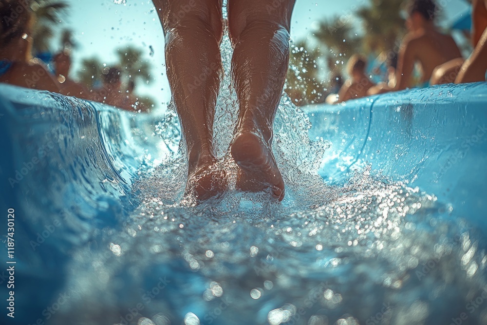 Poster a person sliding down a water slide into a pool