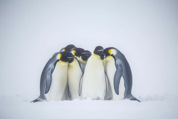 Obraz premium A group of emperor penguins huddling together for warmth on the Antarctic ice during a blizzard.