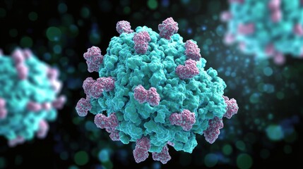 Obraz premium Visual representation of norovirus, a type of positive-sense single-stranded RNA virus. Rendering of the highly infectious and resistant norovirus.
