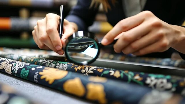 In a high-end fabric store, a consultant uses a handheld magnifier to show intricate embroidery on a fabric sample, with bolts of material creating a colorful backdrop.