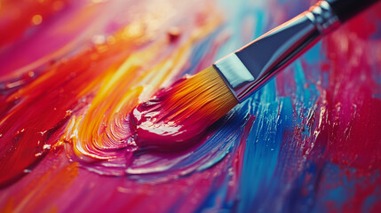 Obraz premium A close-up of a paintbrush gliding across a blank canvas, vibrant paint strokes in progress, bright natural light from a studio window, artistic and creative atmosphere