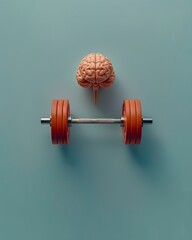Contemporary collage of a brain lifting weights surrounded by books against a blue backdrop