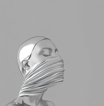 A woman made of chrome melting her metallic head. An amorphic cyborg robot. Cyberpunk and Darksynth inspired wallpaper. A modern fashion style stock image.