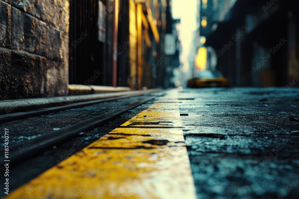 Poster a street scene with a yellow line painted along the edge, ideal for use in urban planning or infrast