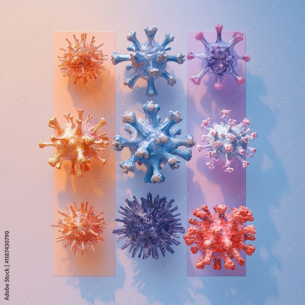 Poster evolution of virus forms displayed from basic to complex structures in a colorful arrangement. gener