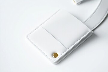 A close-up view of a white leather wallet featuring a gold button