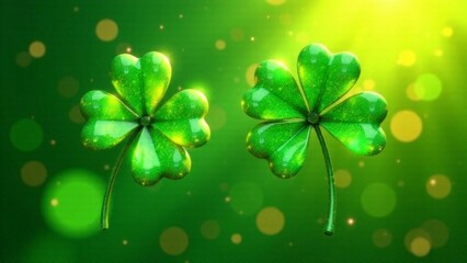 St. Patrick's Day celebration banner with Two green clovers with glitter on them. The background is green and has a blurry effect. Concept of celebration and joy, as it is likely related to St.