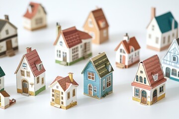 Fototapeta premium A collection of small houses arranged on a white background, ideal for illustration or design purposes