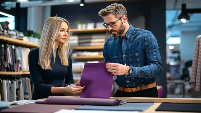 In a modern textile boutique, a consultant smooths out a large fabric sample across a counter while explaining its durability and uses to a curious customer.
