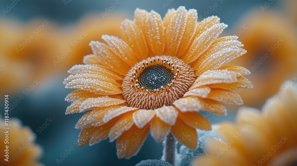 Poster a close-up view of a flower with frost covering its petals and leaves