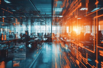 The blurred interior of a modern neon cyberpunk open space office features an information technology overlay, emphasizing its corporate strategies in finance, operations, and marketing, all amidst