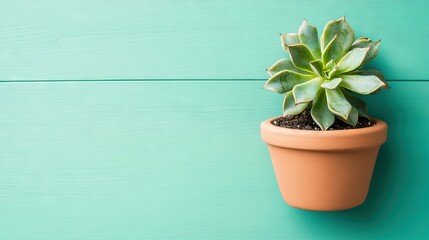 Obraz premium Small succulent plant in clay pot on teal-painted wall panel, facing turquoise wall