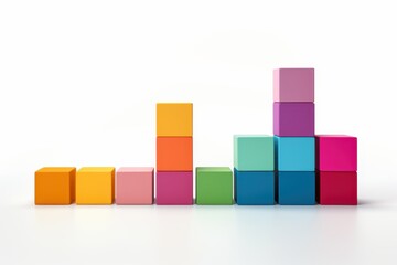Colorful arrangement of building blocks illustrating ascending patterns on a white surface
