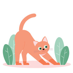 Cute red kitten character stretching amidst green plants vector flat illustration