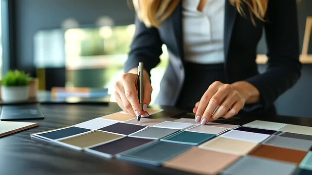 A consultant in a chic outfit pairs color swatches with fabric samples, creating a cohesive palette for a client redecorating their home.